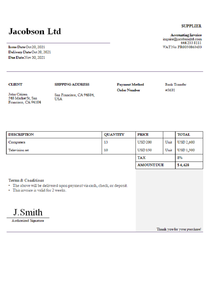 USA Jacobson Ltd invoice PSD template